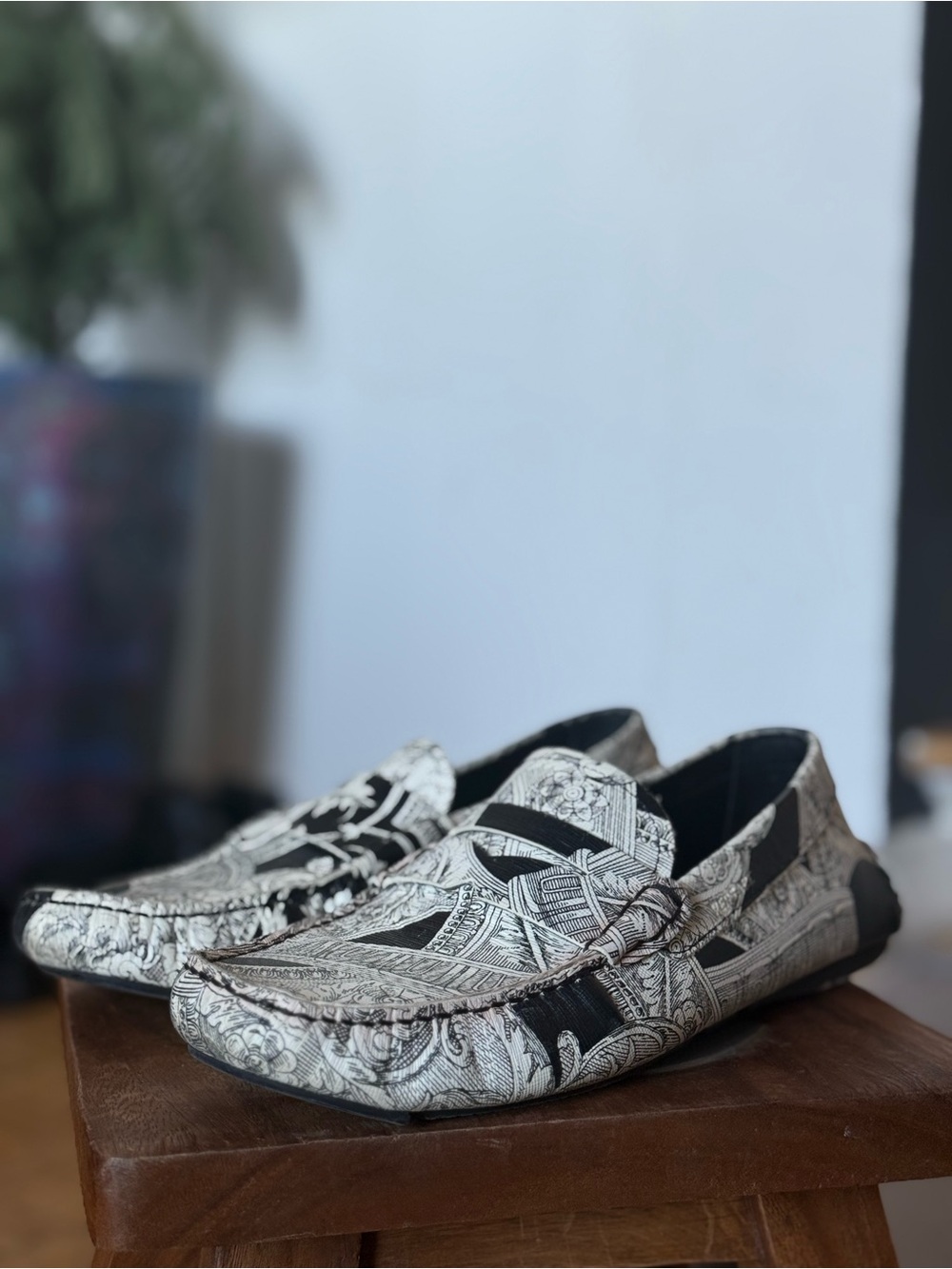 Versace Black and White Patterned Slip-On Loafers. Unisex 8.5 Female | 6.5 Male